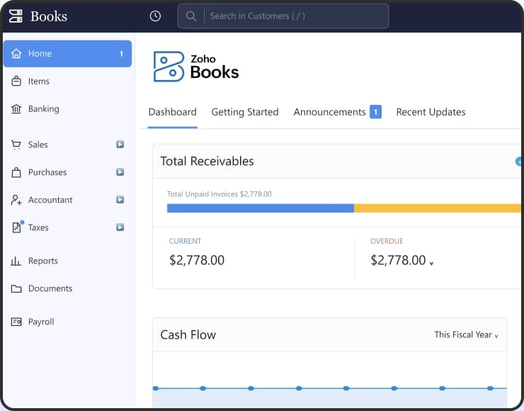 Zoho Books dashboard showing total receivables and cash flow
