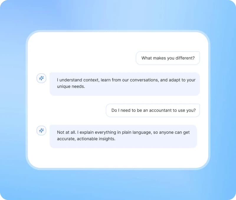 Zinny AI accountant chat answering questions about your books